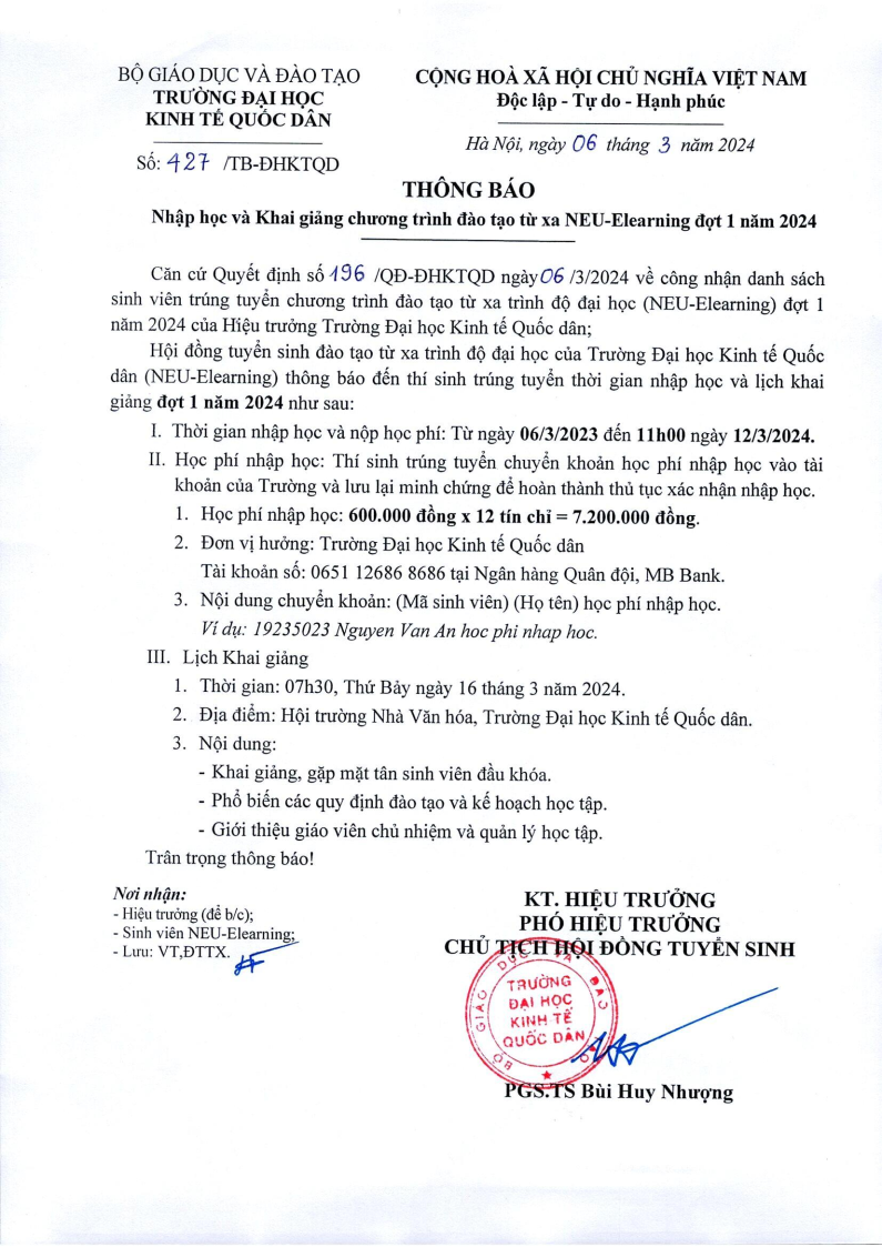 Thông báo nhập học và khai giảng chương trình đào tạo từ xa Neu-Elearning đợt 1 năm 2024