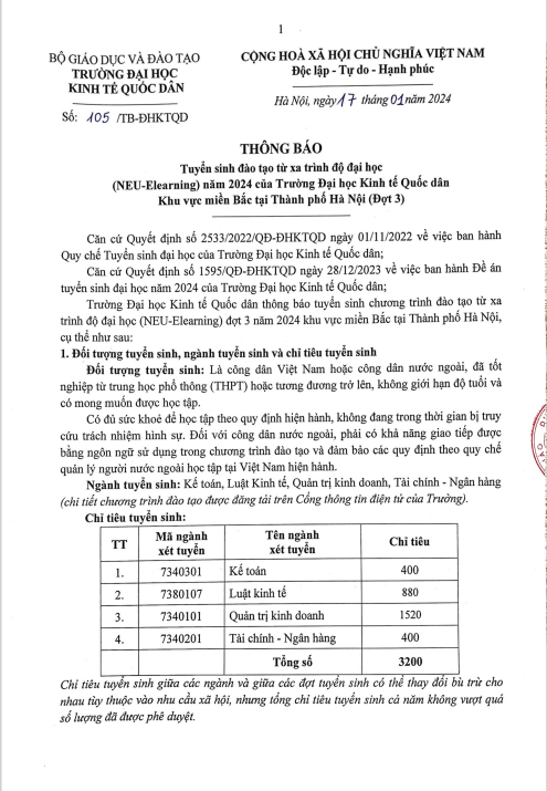 Thông báo tuyển sinh đợt 3 năm 2024: Đào tạo từ xa trình độ đại học NEU E-Learning