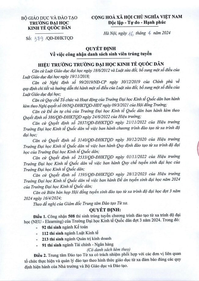 Quyết định về việc công nhận danh sách sinh viên trúng tuyển đợt 3