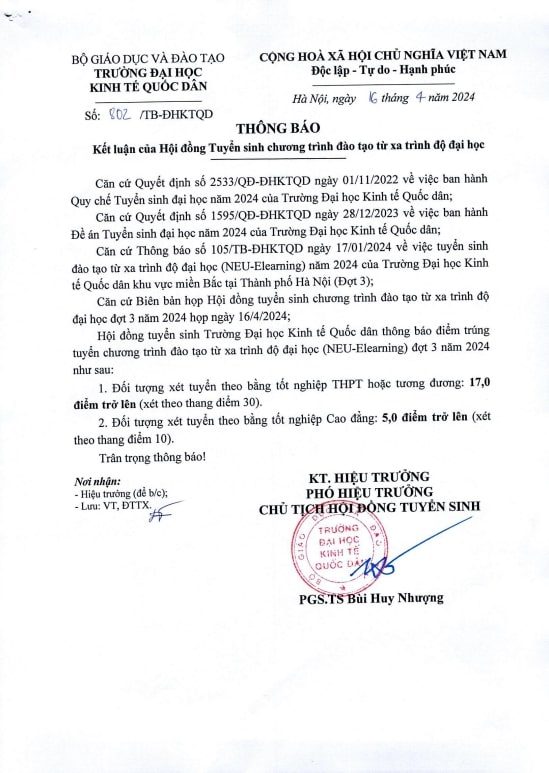 Thông báo điểm trúng tuyển đợt 3 năm 2024 chương trình đào tạo từ xa trình độ Đại học