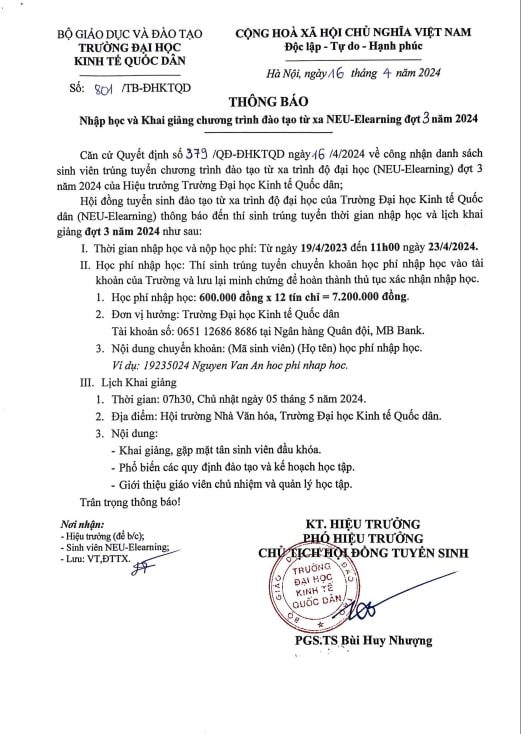 Thông báo nhập học và Khai giảng chương trình đào tạo từ xa NEU-Elearning đợt 3 năm 2024