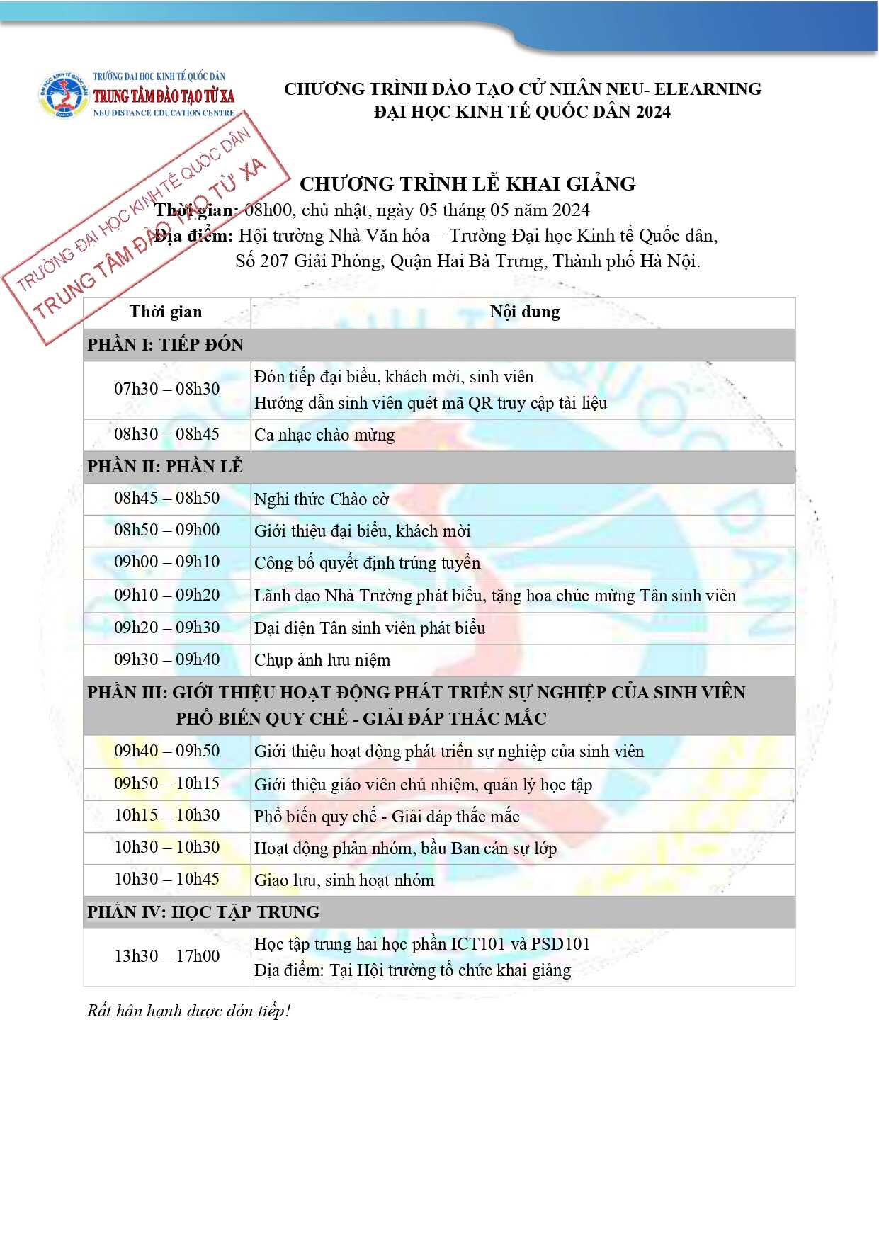 Chương trình Lễ Khai Giảng Đợt 3 năm 2024