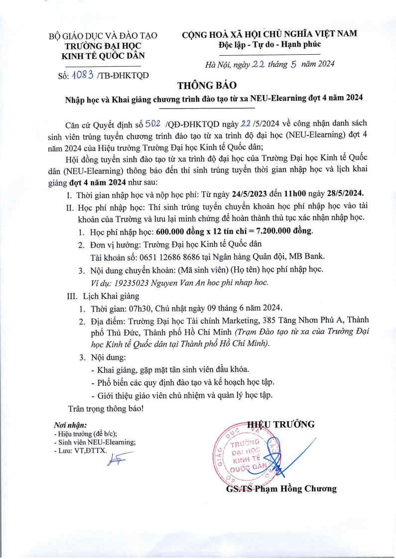 Thông báo nhập học và Khai giảng chương trình đào tạo từ xa Neu-Elearning đợt 4 năm 2024