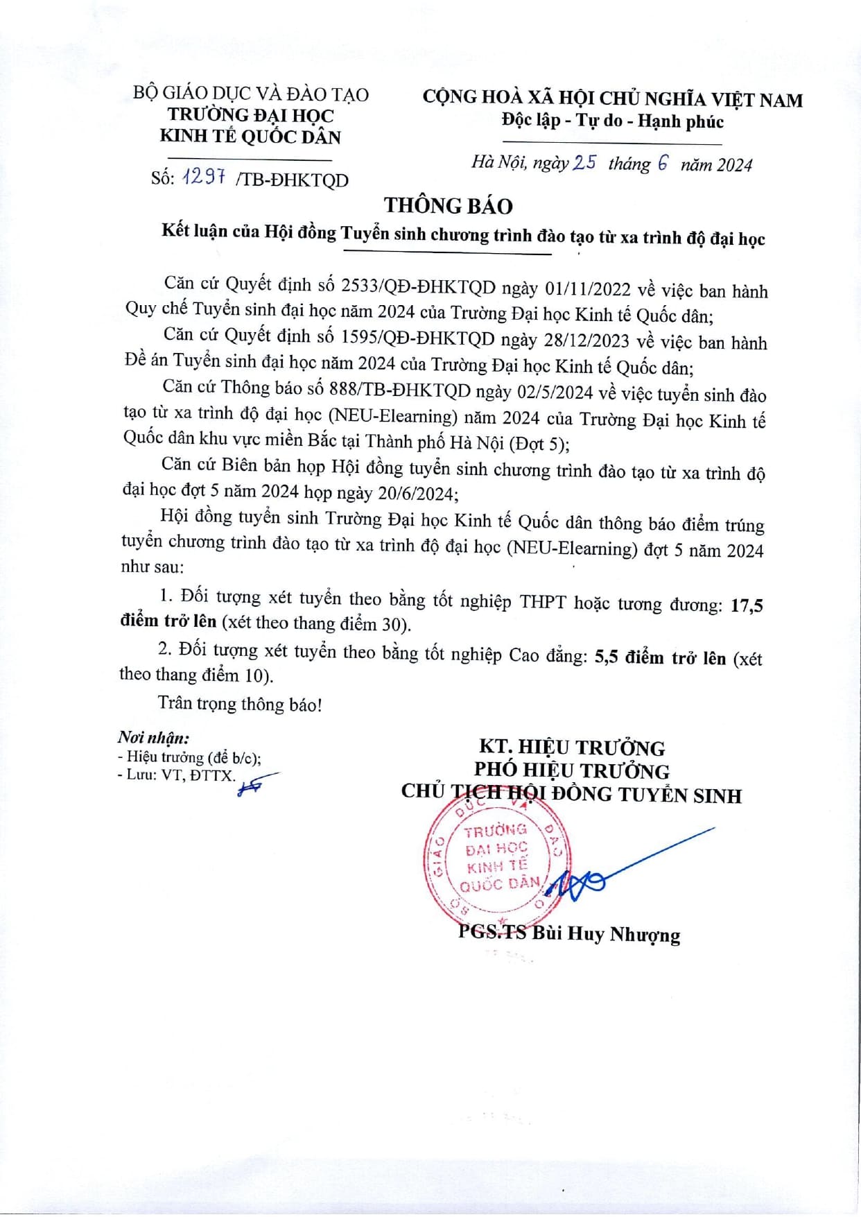 Thông báo điểm trúng tuyển chương trình đào tạo từ xa trình độ đại học đợt 5 năm 2024