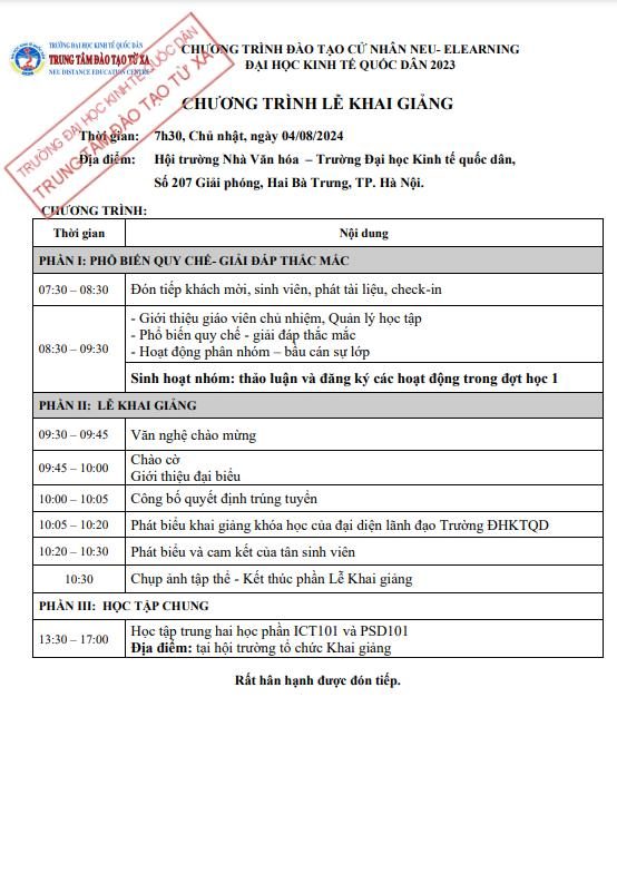 Chương trình Lễ Khai Giảng NEU E-Learning khu vực Hà Nội