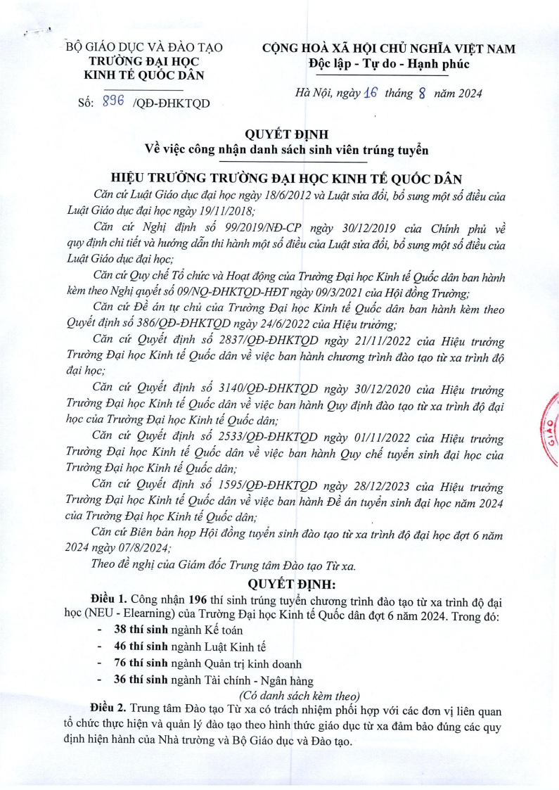 Quyết định về việc công nhận danh sách sinh viên trúng tuyển