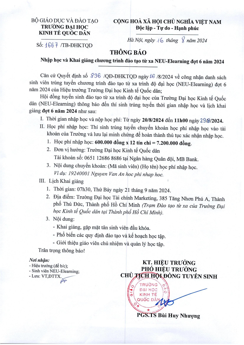 Thông báo nhập học và Khai giảng chương trình đào tạo từ xa NEU-Elearning đợt 6 năm 2024