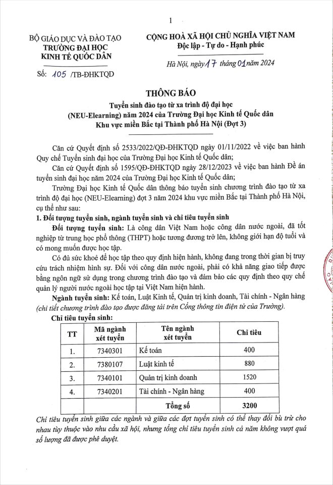 THÔNG BÁO TUYỂN SINH ĐÀO TẠO TỪ XA TRÌNH ĐỘ ĐẠI HỌC NEU-ELEARNING NĂM 2024 CỦA TRƯỜNG ĐẠI HỌC KINH TẾ QUỐC DÂN KHU VỰC MIỀN BẮC TẠI TP HÀ NỘI (ĐỢT 3)