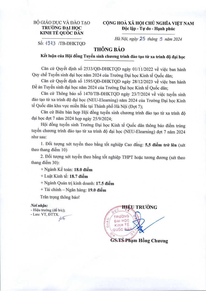 Thông báo điểm trúng tuyển đợt 7 2024