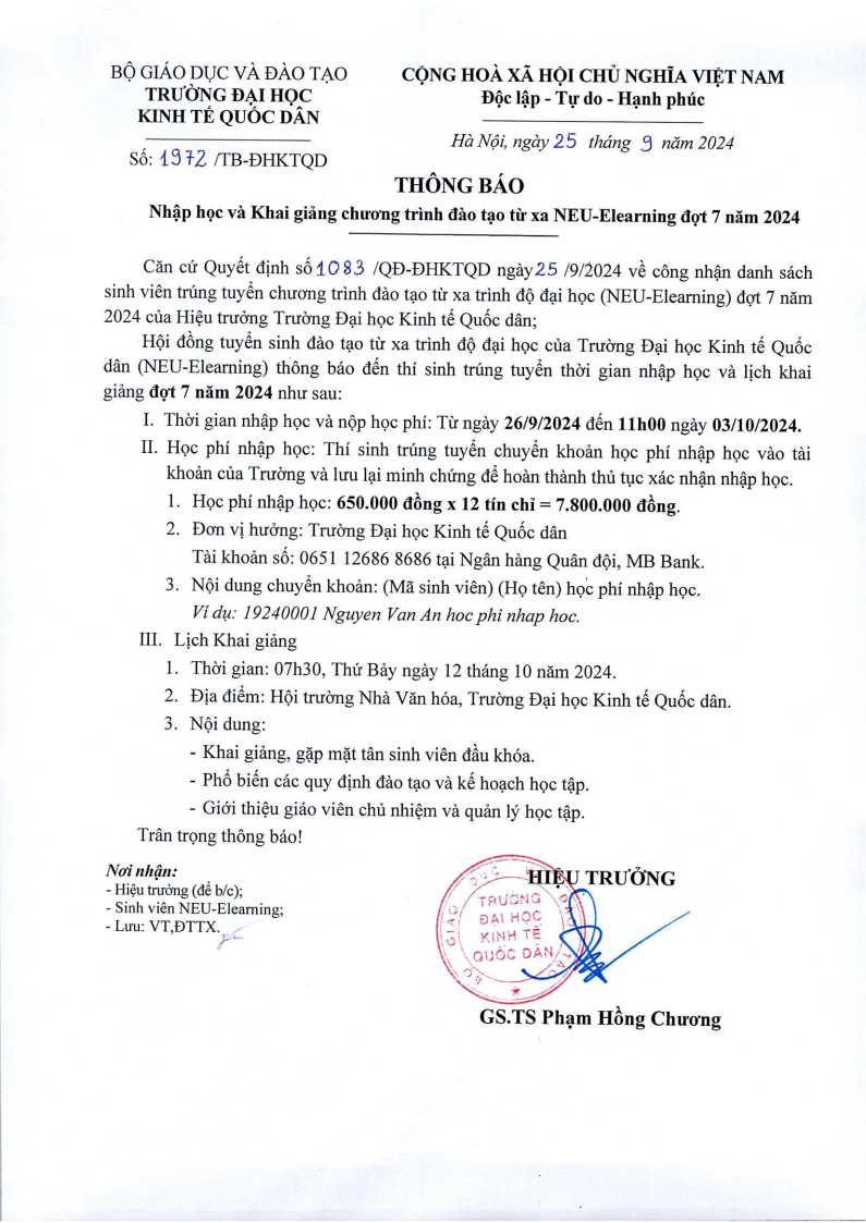 Thông báo nhập học và Khai giảng chương trình đào tạo từ xa NEU-Elearning đợt 7 năm 2024