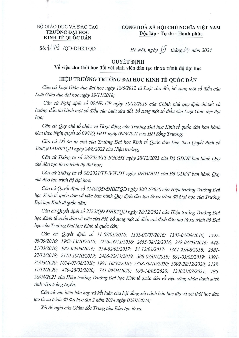 Quyết định về việc cho thôi học đối với sinh viên đào tạo từ xa trình độ đại học Đại học Kinh tế Quốc dân