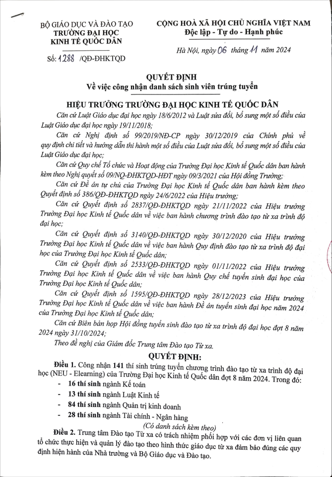 Quyết định về việc công nhận danh sách sinh viên trung tuyển đợt 8 năm 2024 chương trình đào tạo từ xa trình độ Đại học