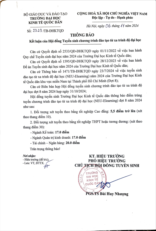 Thông báo điểm trúng tuyển đợt 8 năm 2024 chương trình đào tạo từ xa trình độ Đại học