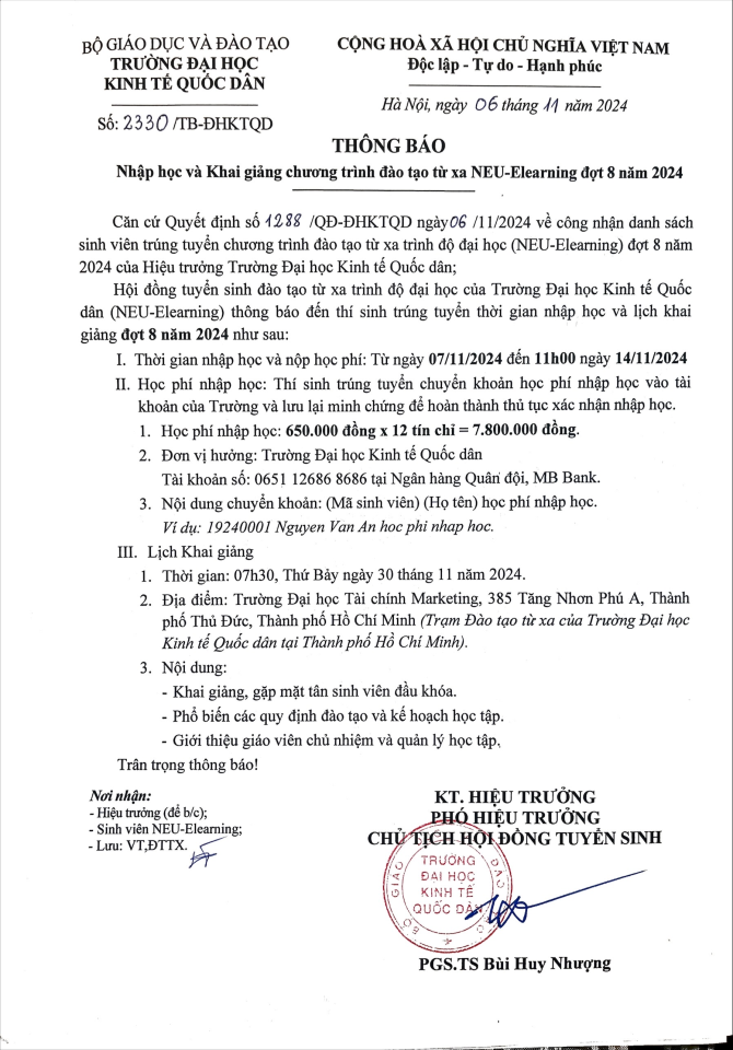 Thông báo nhập học và khai giảng chương trình đào tạo từ xa Neu-Elearning đợt 8 năm 2024