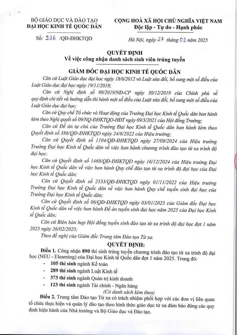 Quyết định về việc công nhận danh sách sinh viên trúng tuyển