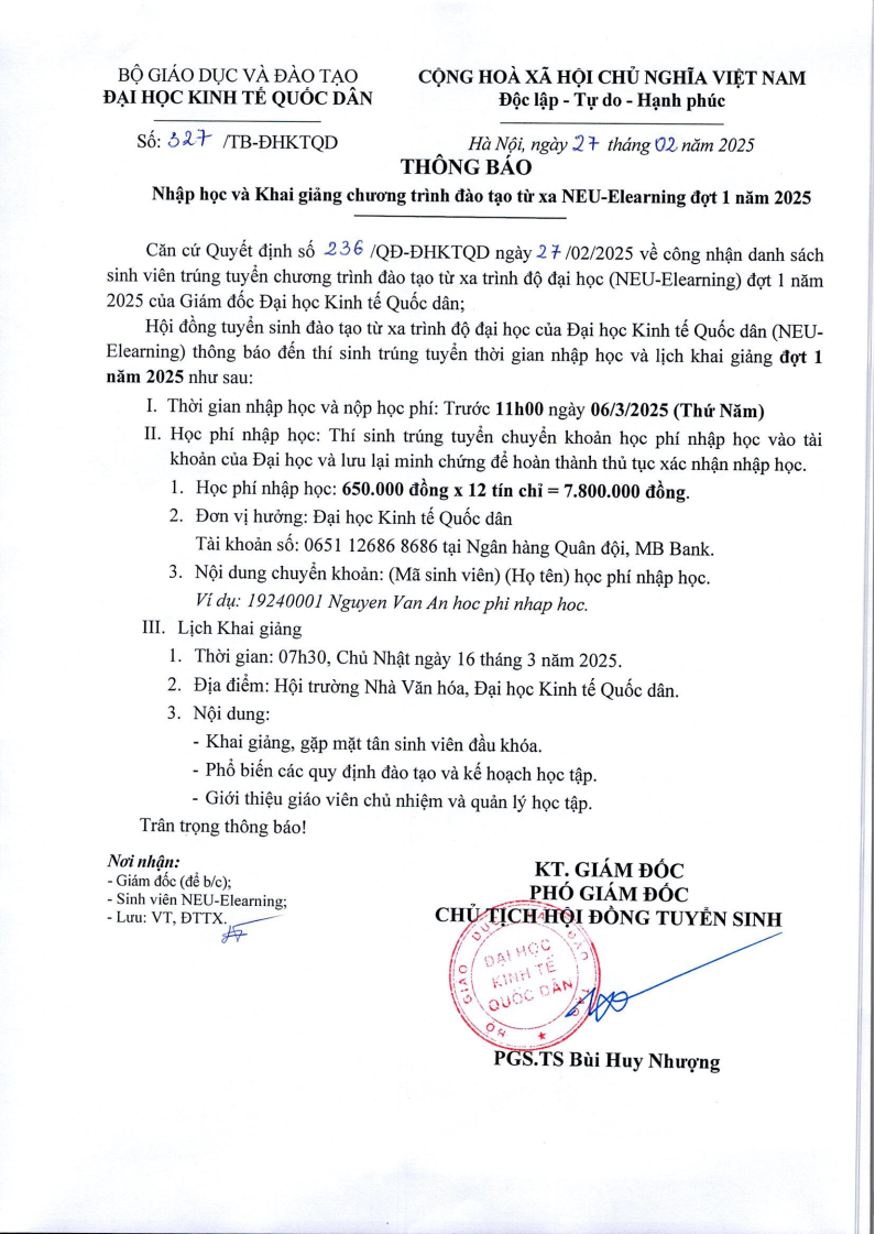 Thông báo nhập học và khai giảng đợt 1 năm 2025