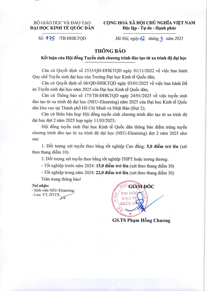 Thông báo điểm trúng tuyển đợt 2 năm 2025