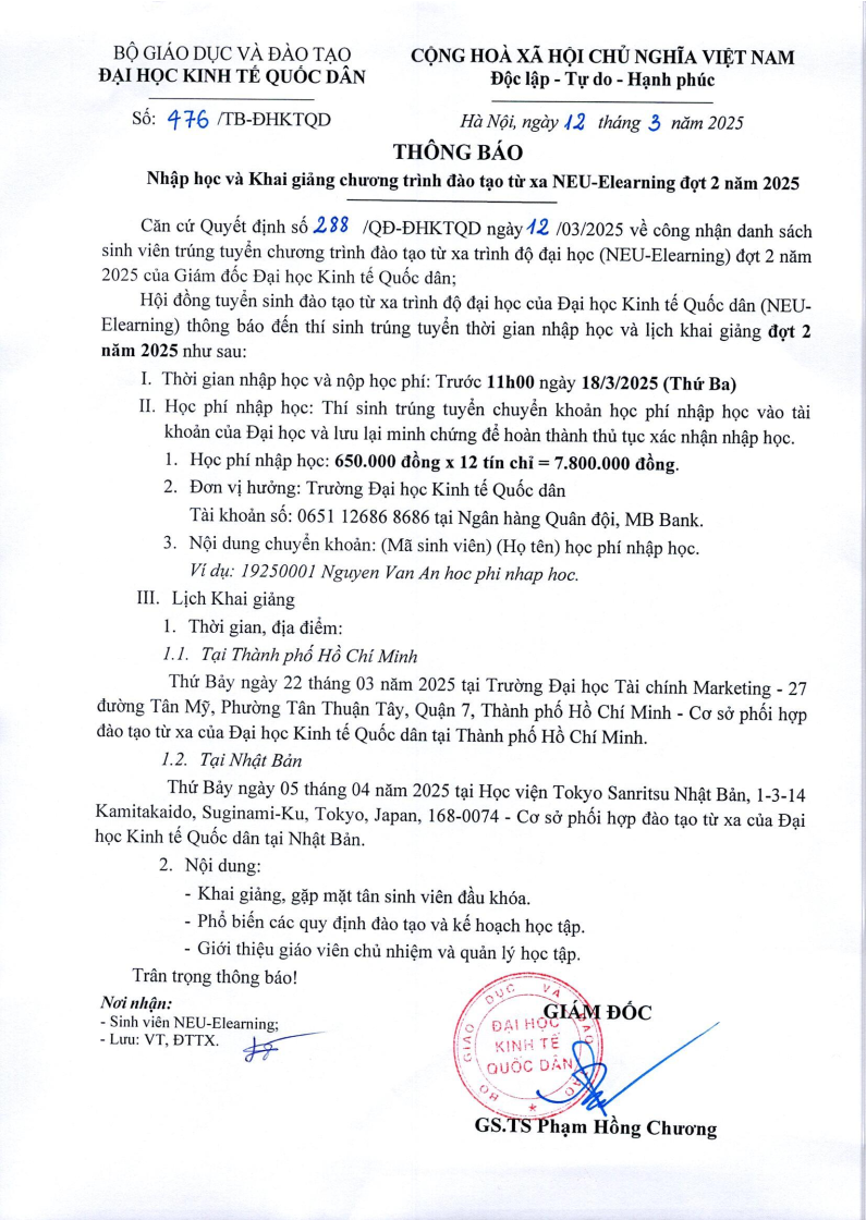 Thông báo nhập học và khai giảng chương trình đào tạo từ xa Neu-Elearning đợt 2 năm 2025