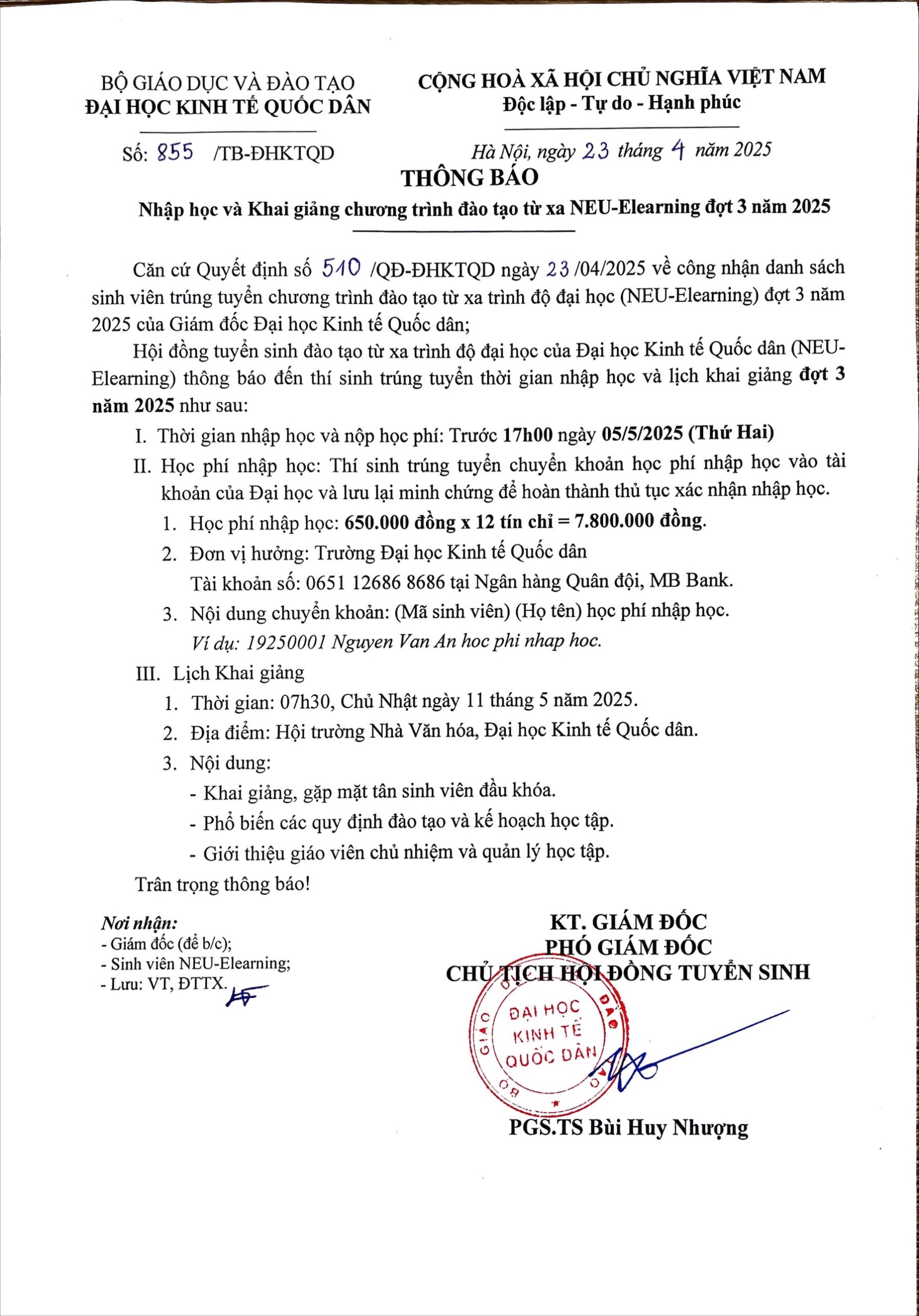 Thông báo nhập học và khai giảng chương trình đào tạo từ xa Neu-Elearning đợt 3 năm 2025