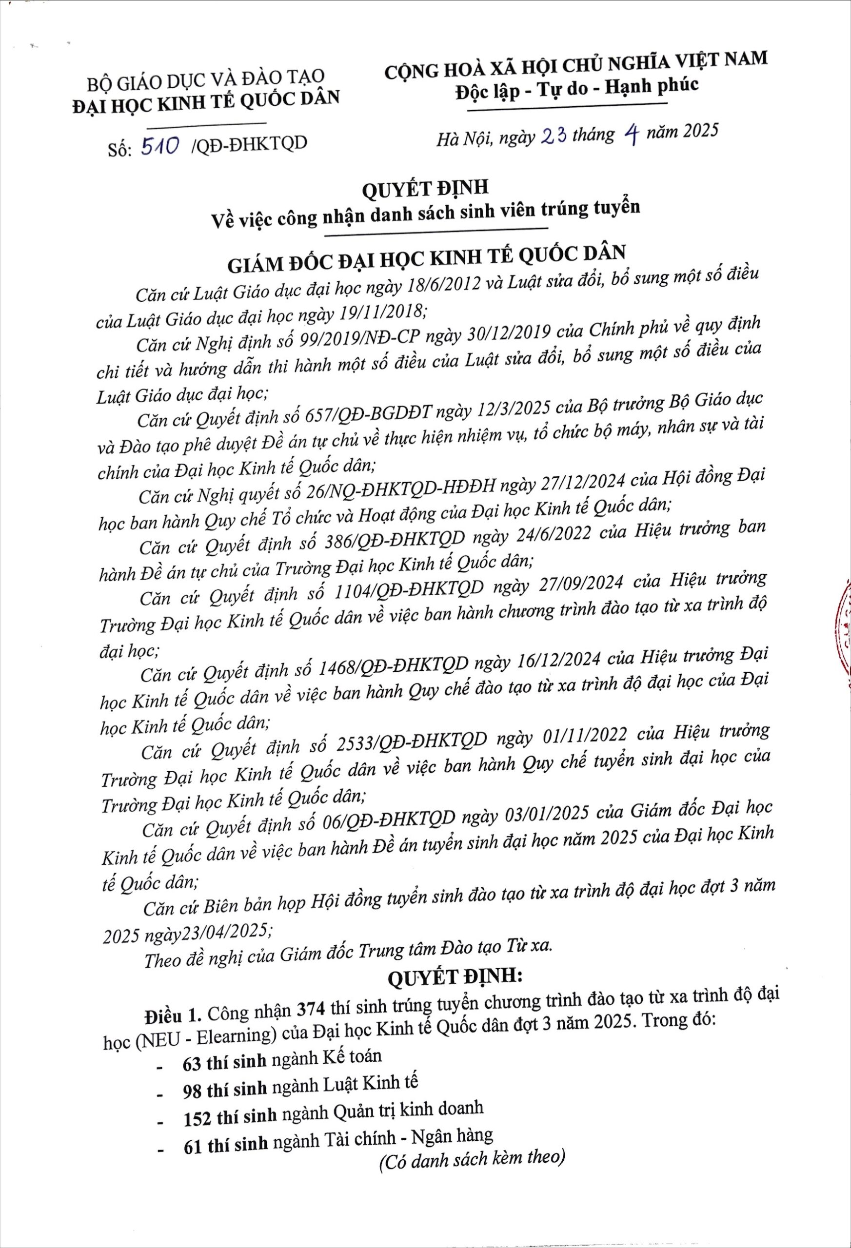 Quyết định về việc công nhận danh sách sinh viên trúng tuyển đợt 3.2025