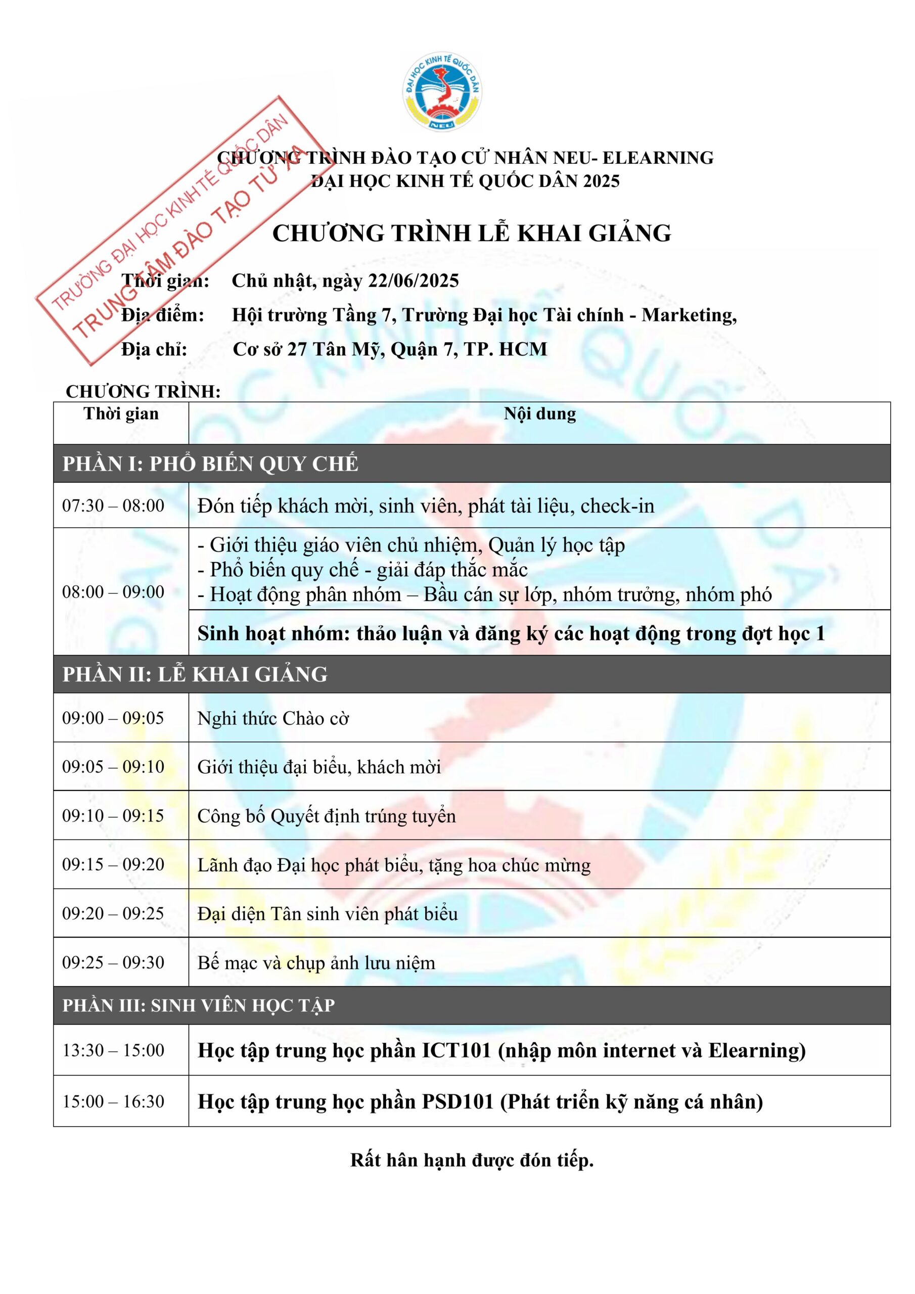 Chương Trình Lễ Khai Giảng NEU E-Learning khu vực Miền Nam 2025