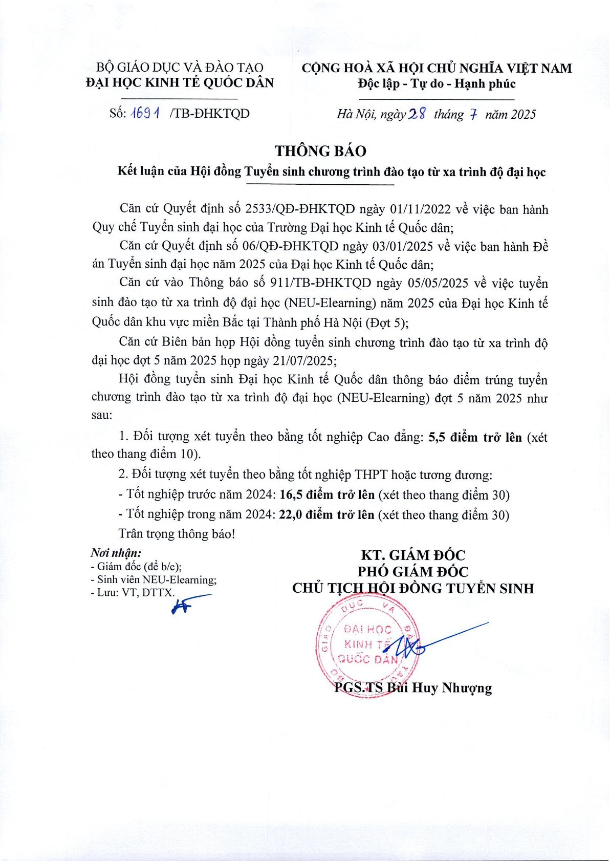 Thông báo điểm trúng tuyển đợt 5 năm 2025