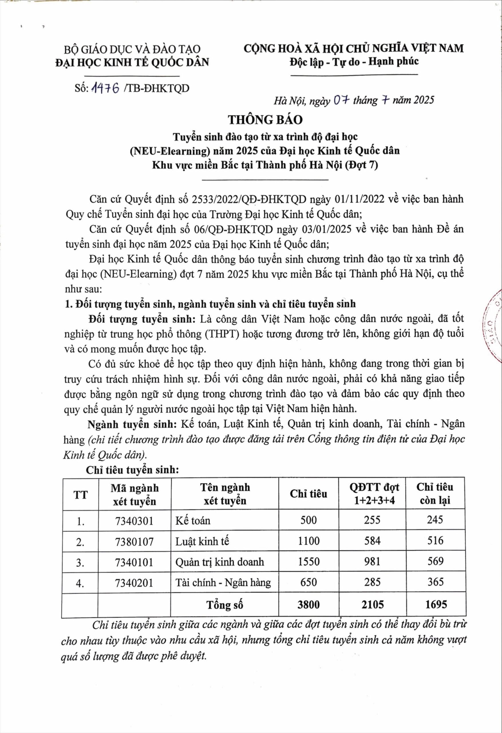 Thông báo tuyển sinh đợt 7 năm 2025: Đào tạo từ xa trình độ đại học NEU E-Learning khu vực miền Bắc tại Thành phố Hà Nội
