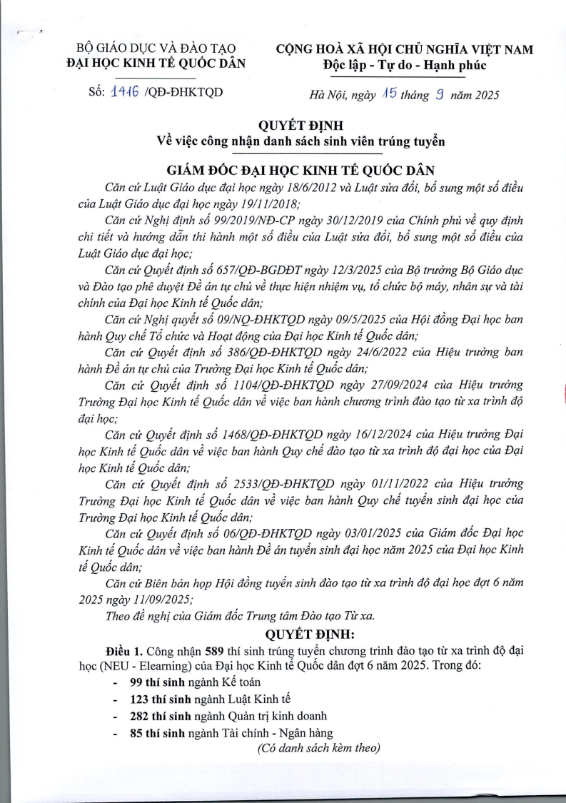 Quyết định về việc công nhận danh sách sinh viên trúng tuyển đợt 6 năm 2025