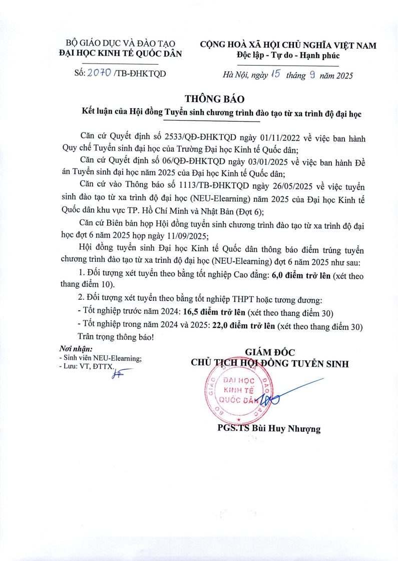 Thông báo điểm trúng tuyển đợt 6 năm 2025