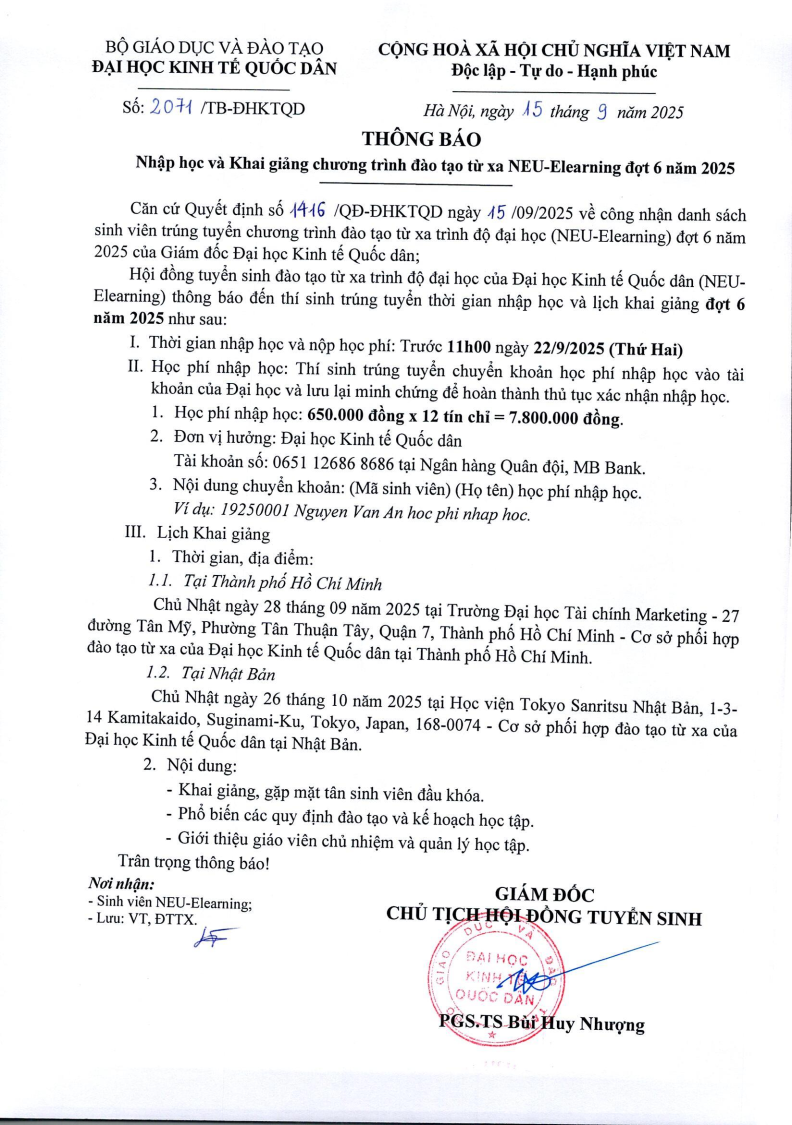 Thông báo nhập học và khai giảng đợt 6 năm 2025