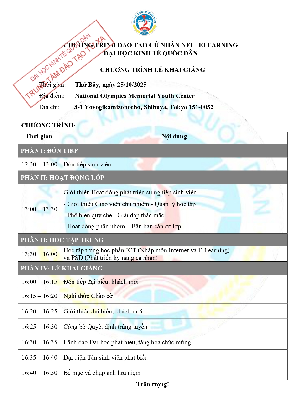 Chương trình Lễ khai giảng Nhật Bản ngày 25 tháng 10