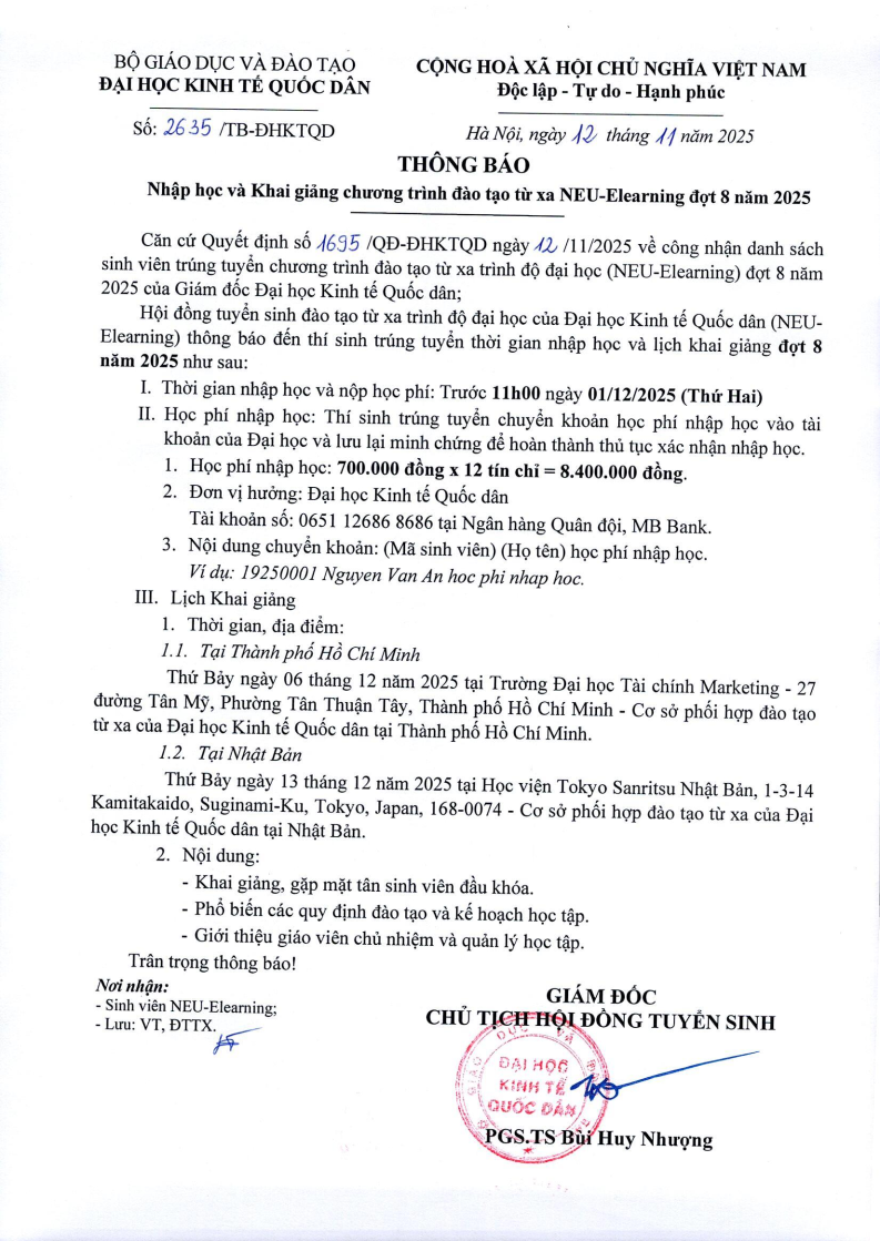 Thông báo nhập học và khai giảng chương trình đào tạo từ xa NEU-Elearning đợt 8 năm 2025